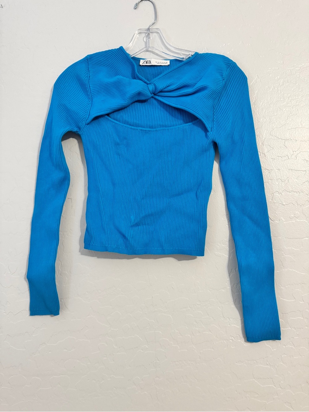 👕Zara Blue Solid Rib-Knit Bow Front Long Sleeve Pullover Sweater Top S